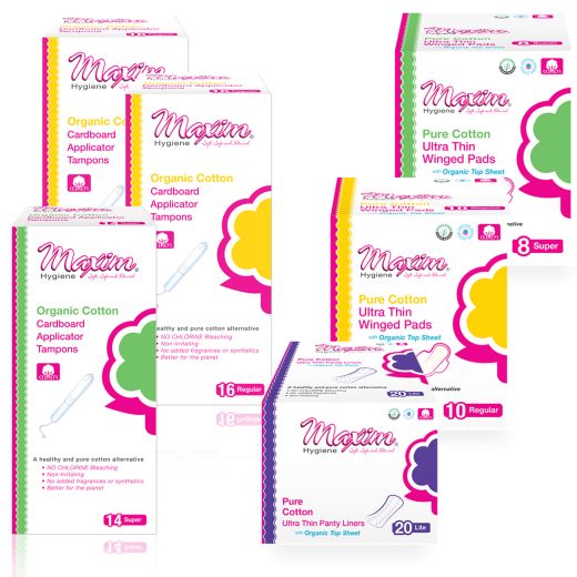 Maxim Hygiene organic cotton period care range—cardboard applicator tampons, pure cotton ultra-thin winged pads, and panty liners with organic top sheet in multiple absorbencies.