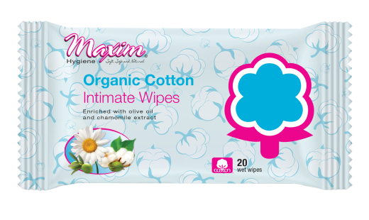 Maxim Organic Cotton Intimate Wipes pack in blue with cotton pattern, chamomile flower and cotton imagery, enriched with olive oil and chamomile extract, 20 wet wipes.
