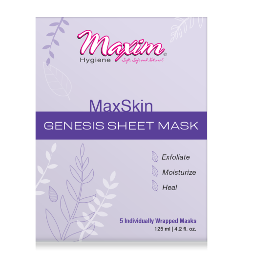 Maxim Hygiene MaxSkin Genesis sheet mask box, 5 individually wrapped facial masks for exfoliating, moisturizing, and healing.