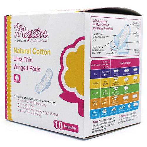 “Maxim Hygiene natural cotton ultra-thin winged pads box (regular, 10 pads), chlorine-free and fragrance-free period pads with leak control channels for comfortable protection.”