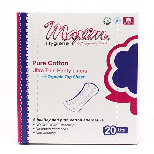 Front-facing product pack shot of Maxim Hygiene ‘Pure Cotton Ultra Thin Panty Liners’ with ‘Organic Top Sheet,’ showing a small liner illustration and ‘20 Lite’ count on a white box with pink/navy accents.