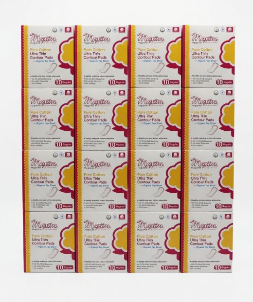 A bulk supply grid of 12 boxes of Maxim Hygiene Pure Cotton Ultra Thin Contour Pads, highlighting the 10-count regular absorbency organic top sheet packs for long-term supply.
