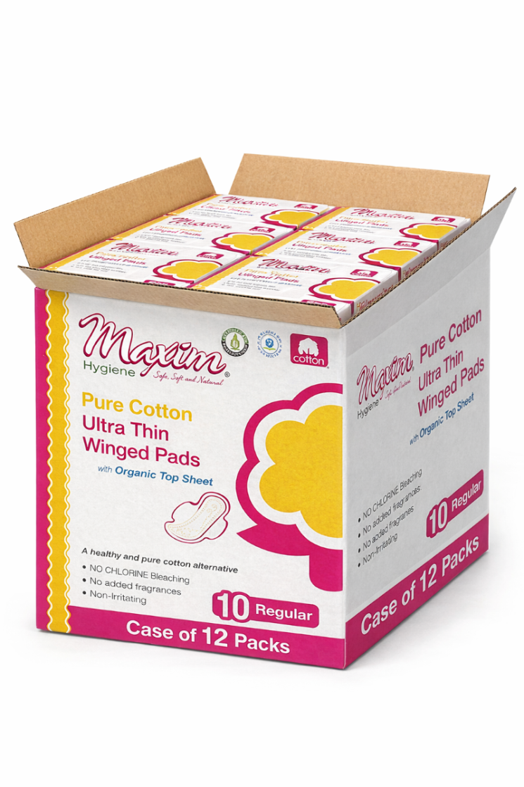 Open case of 12 packs of Maxim Hygiene pure cotton ultra-thin winged pads with organic top sheet (10 regular), bulk feminine hygiene products in cardboard carton.