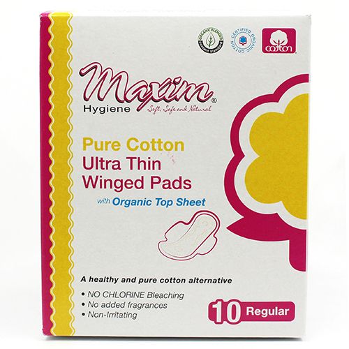 Front view of a white Maxim Hygiene box labeled ‘Pure Cotton Ultra Thin Winged Pads’ with ‘Organic Top Sheet,’ a yellow flower graphic on the right, and a badge reading ‘10 Regular’ in the bottom-right corner.